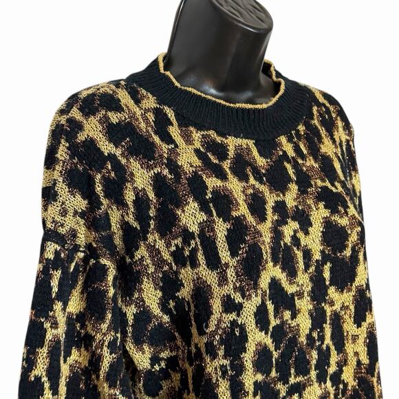 VINTAGE 80s 90s ANIMAL PRINT SWEATER GOLD METALLIC RETRO LEOPARD CHEETAH SZ M L - Picture 2 of 6